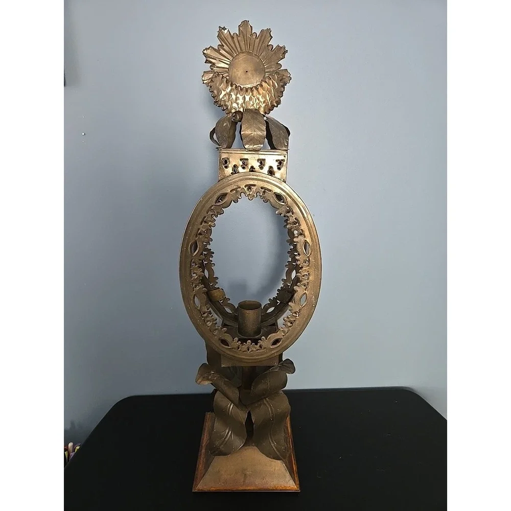 Baroque Mexican Tin Metal Lantern Lamp Ornate Handmade‎ Pedestal Sun Flower